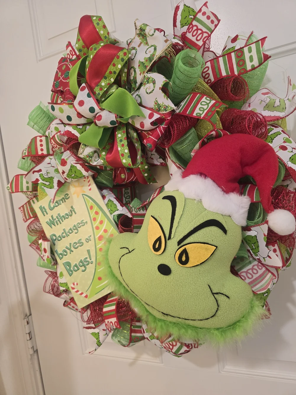 Grinch Holiday Ribbon Wreath with Plush Face Monster Christmas